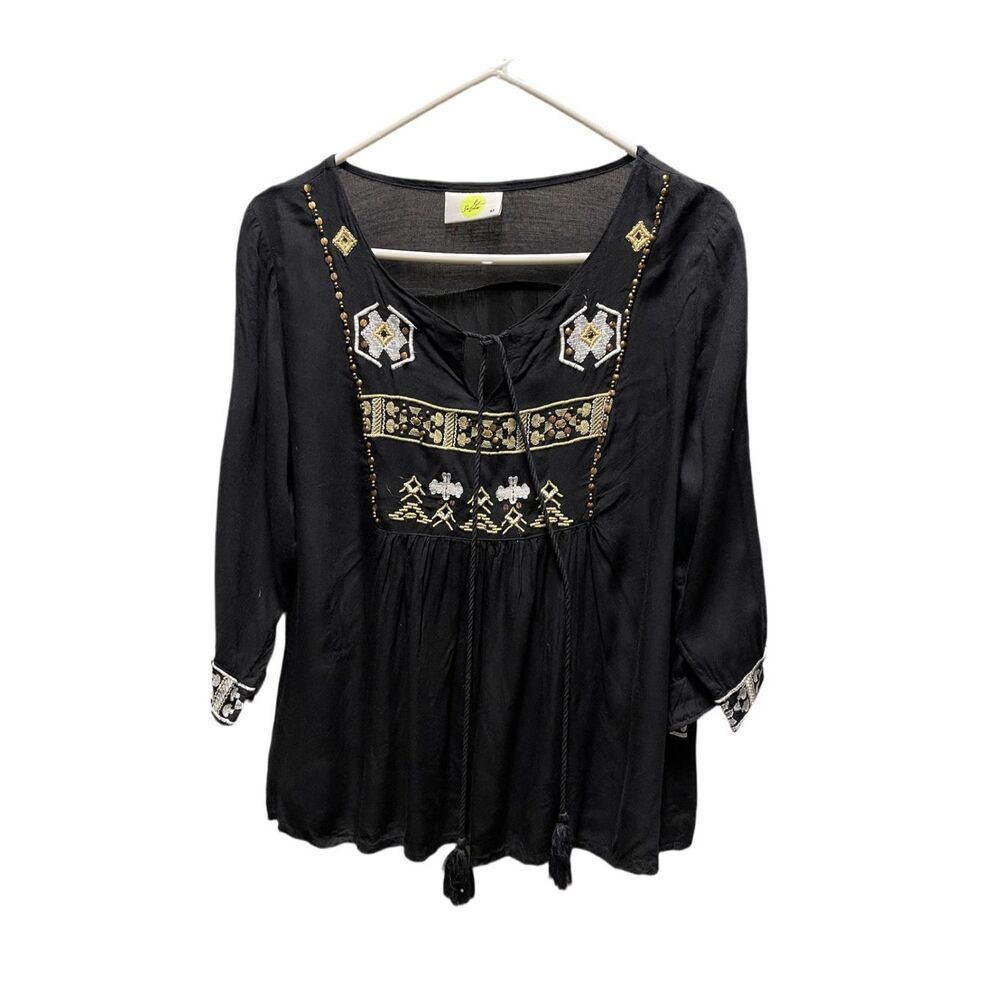 SOLITO size M embroidered beaded Viscose tassel peasant top Anthropologie.